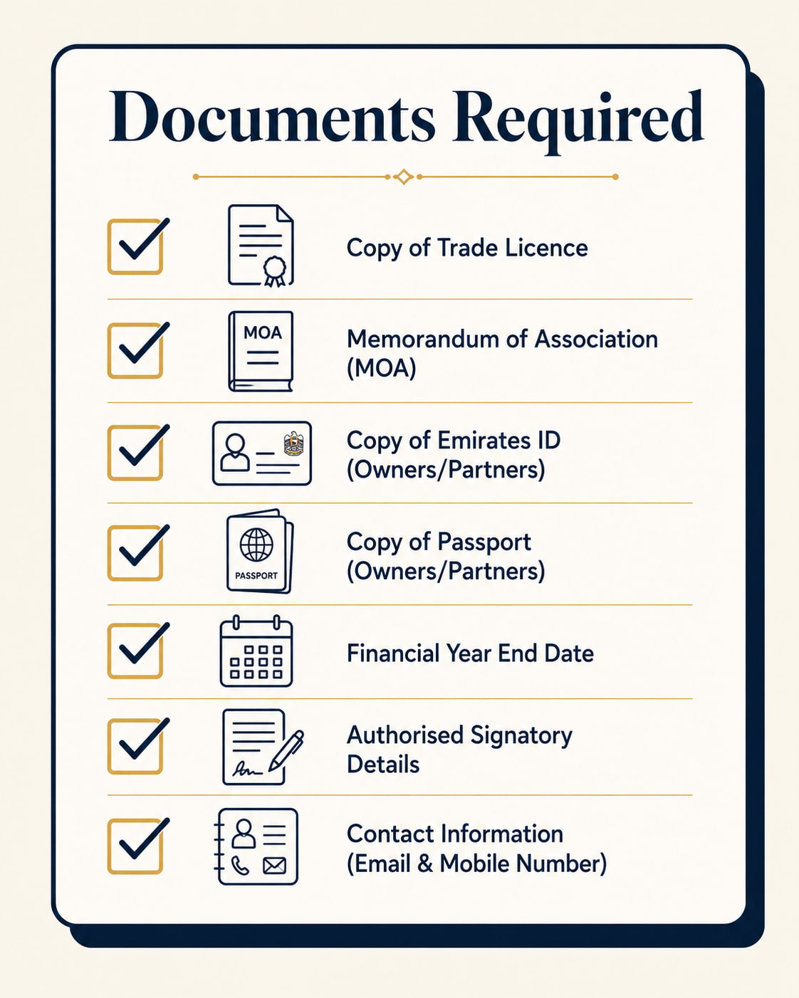 Documents checklist infographic for UAE corporate tax registration showing trade licence, Emirates ID, MOA, and authorisation documents